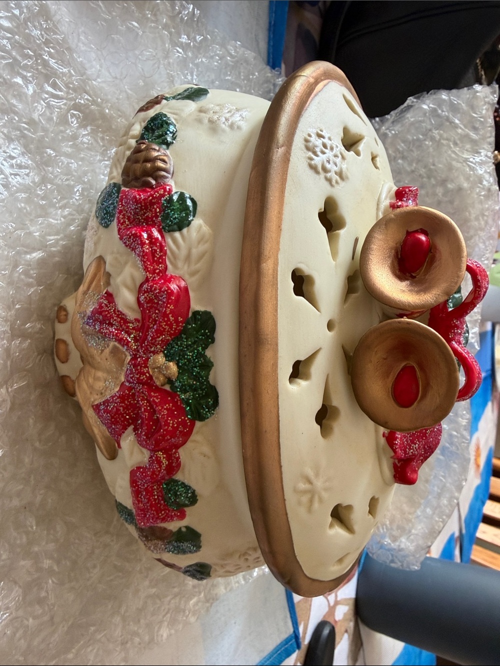 26 International Cream Ceramic Holiday Luminary with Gold, Red & Green Accents